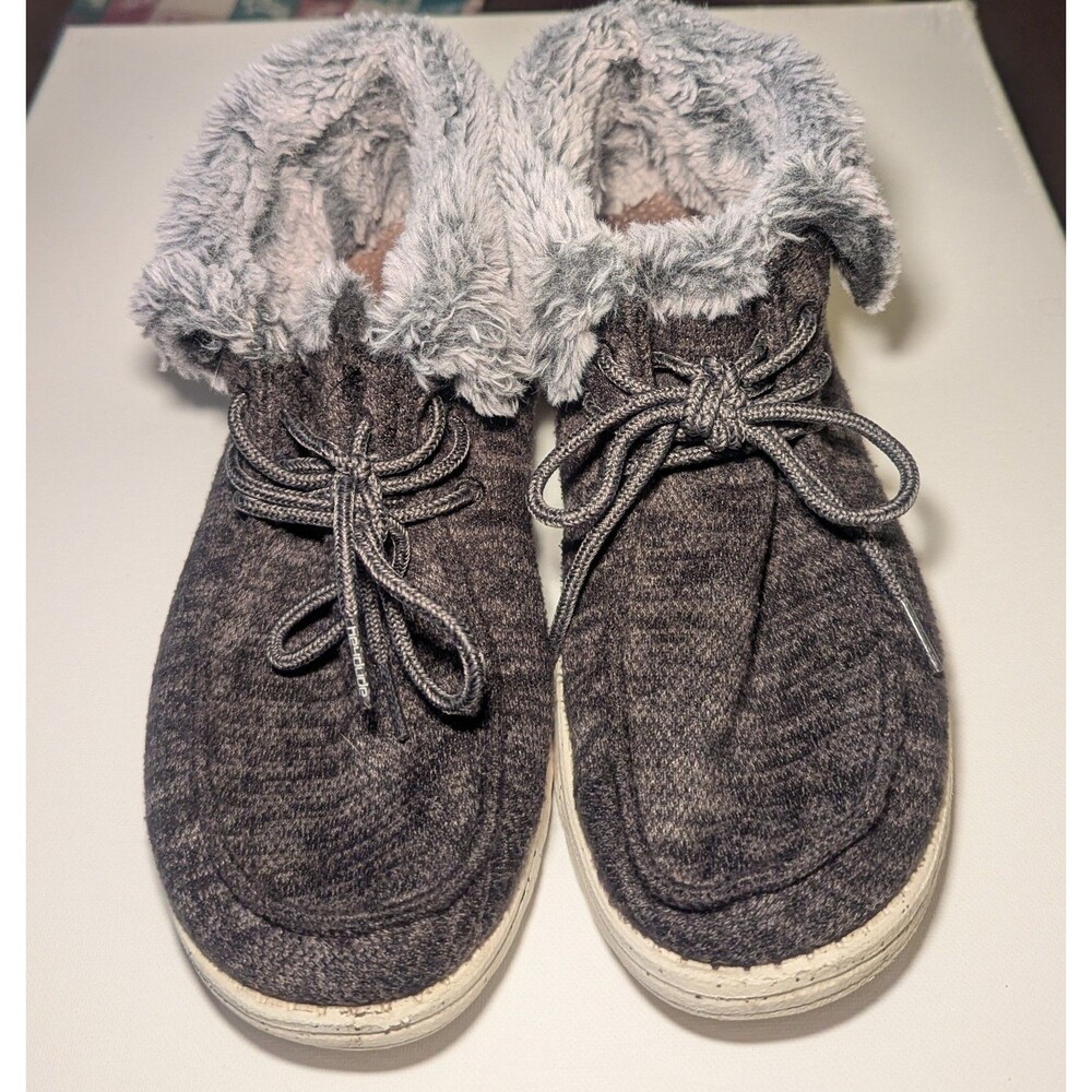 Hey Dude Britt Black Lace Up Faux Fur Ankle Cuffed Pull On Shoes Slippers Sz 8